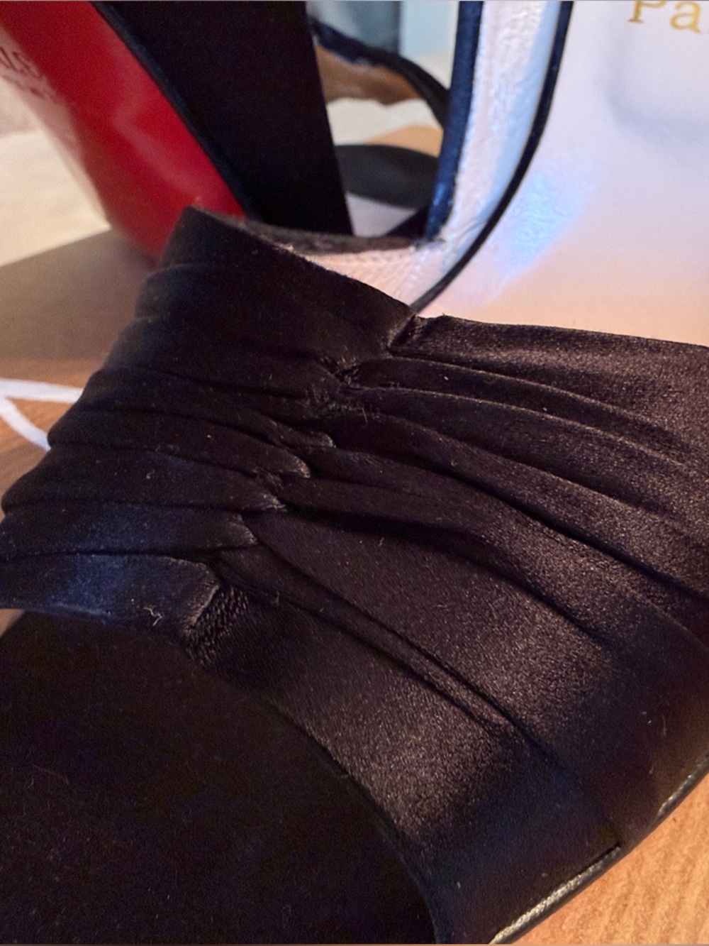 Christian Louboutin Black Satin Peep-Toe Pumps with Ruched Vamp - Picture 5 of 7